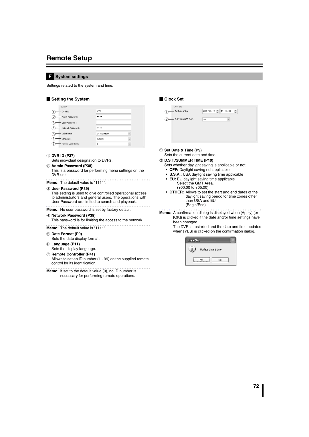 Sanyo DSR-2108 instruction manual System settings, BSetting the System, BClock Set, S.T./SUMMER Time P10 