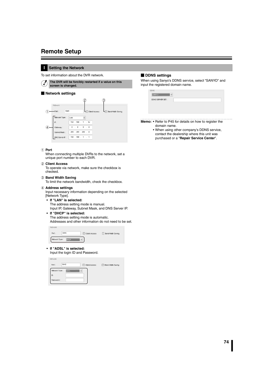 Sanyo DSR-2108 instruction manual Setting the Network, BDDNS settings, BNetwork settings 