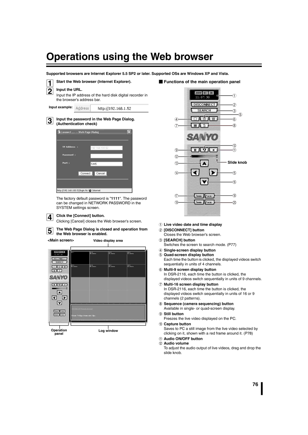 Sanyo DSR-2108 instruction manual Operations using the Web browser, BFunctions of the main operation panel 