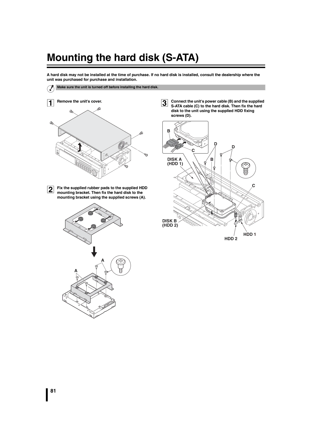 Sanyo DSR-2108 instruction manual Mounting the hard disk S-ATA, HDD 1 HDD 