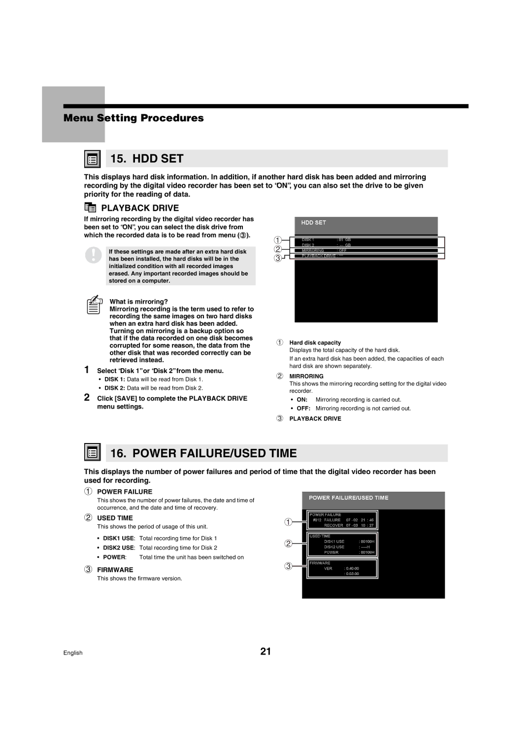 Sanyo DSR-3009 manual Hdd Set, Power FAILURE/USED Time, Click Save to complete the Playback Drive menu settings 