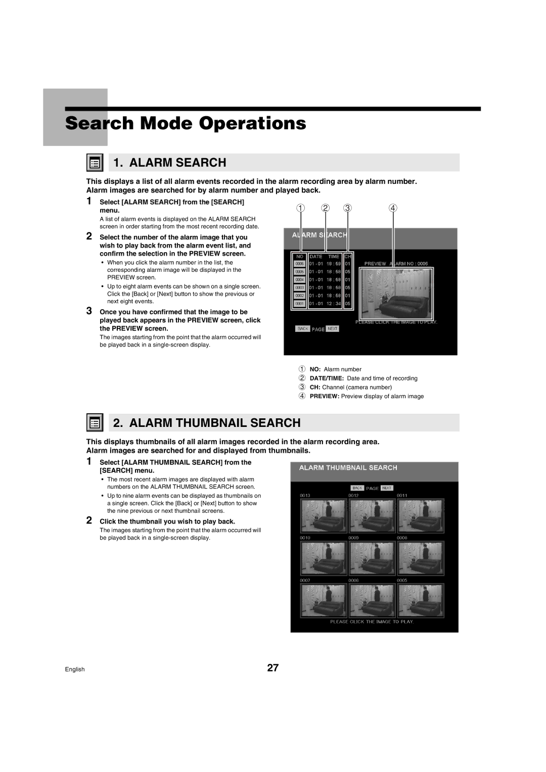 Sanyo DSR-3009 manual Search Mode Operations, Alarm Search, Alarm Thumbnail Search 