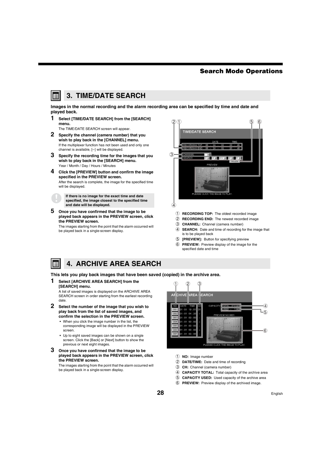 Sanyo DSR-3009 manual Archive Area Search, Search Mode Operations, Select TIME/DATE Search from the Search menu 