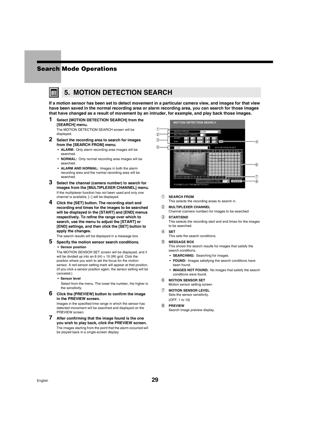 Sanyo DSR-3009 manual Motion Detection Search, Specify the motion sensor search conditions 