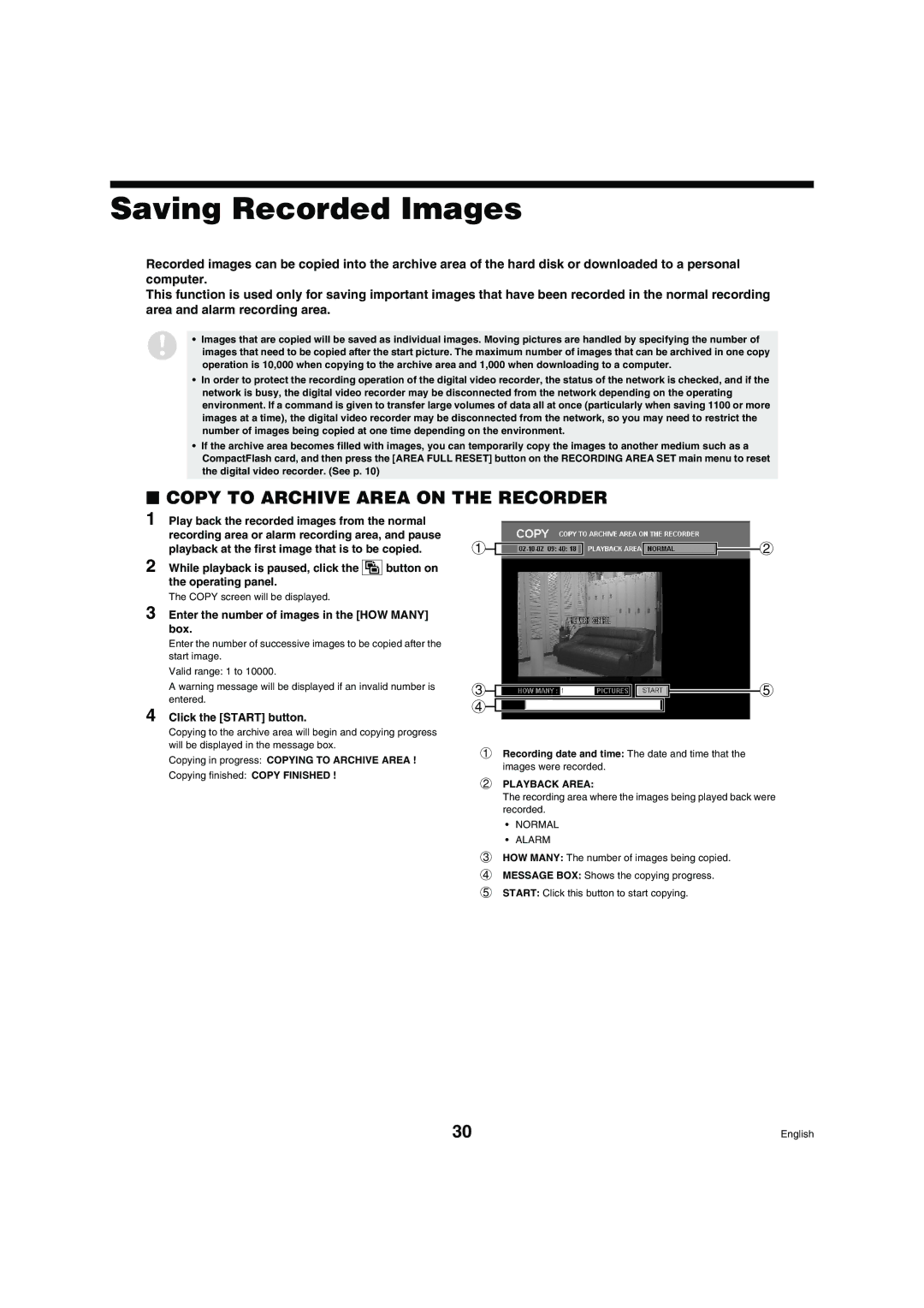 Sanyo DSR-3009 manual Saving Recorded Images, Enter the number of images in the HOW Many Box, Click the Start button 