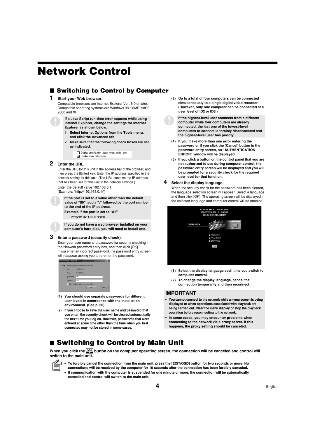 Sanyo DSR-3009 manual Network Control, Switching to Control by Computer 