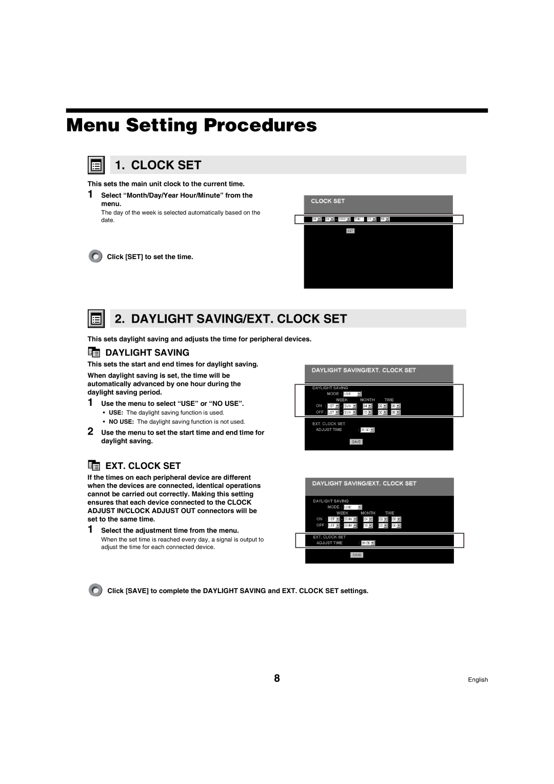 Sanyo DSR-3009 manual Menu Setting Procedures, Daylight SAVING/EXT. Clock SET, Daylight Saving 