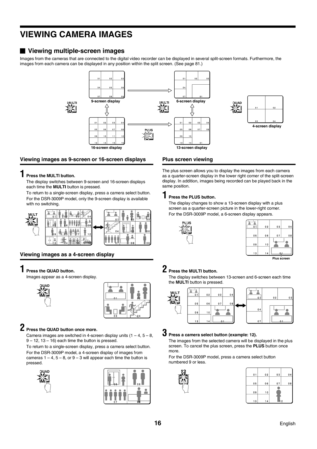 Sanyo DSR-3009P Viewing multiple-screen images, Viewing images as 9-screen or 16-screen displays, Plus screen viewing 