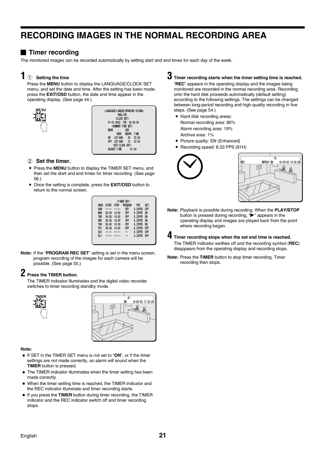 Sanyo DSR-3009P Recording Images in the Normal Recording Area, Timer recording, Set the timer, Press the Timer button 