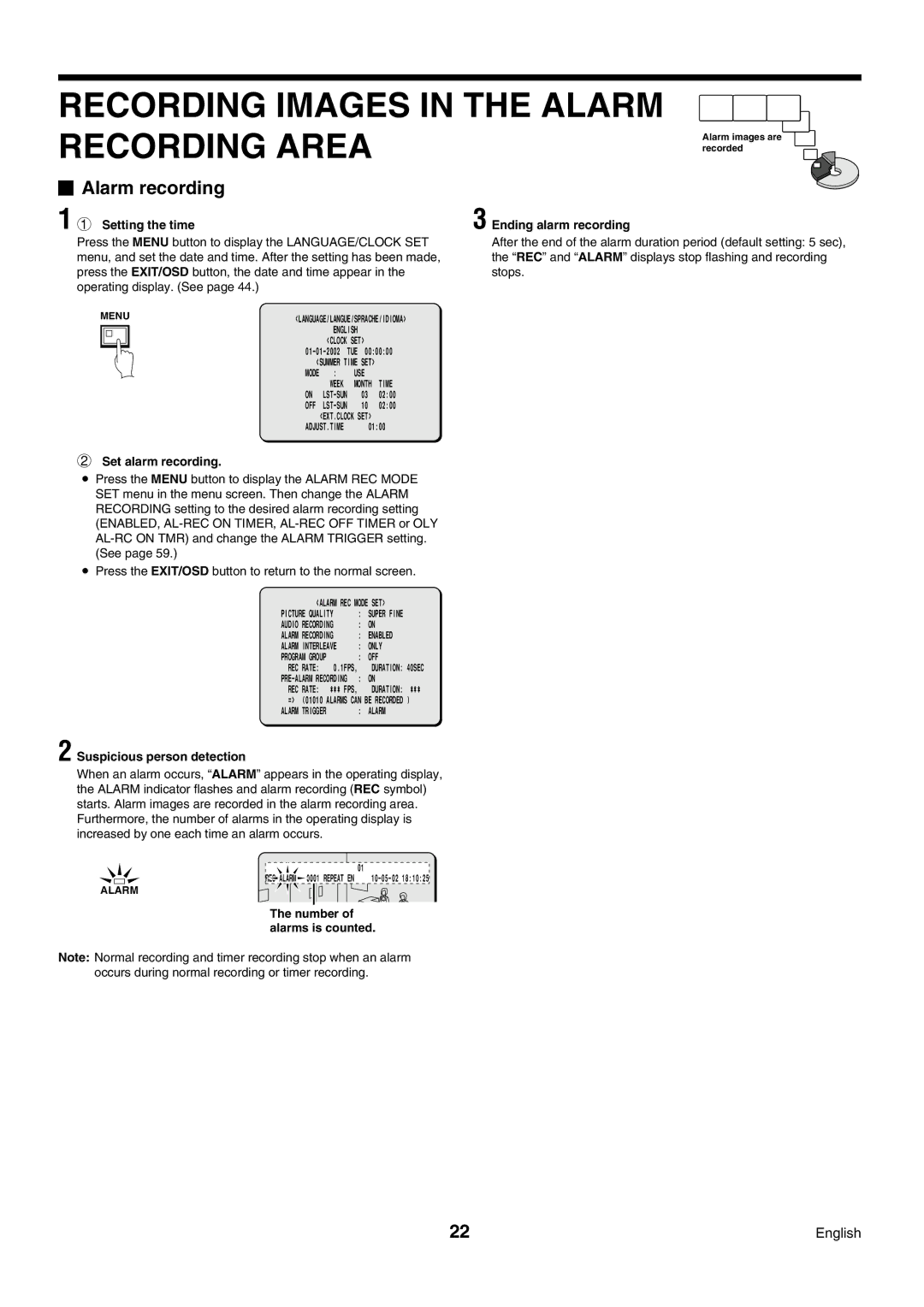 Sanyo DSR-3009P instruction manual Recording Images in the Alarm Recording Area, Alarm recording, Set alarm recording 