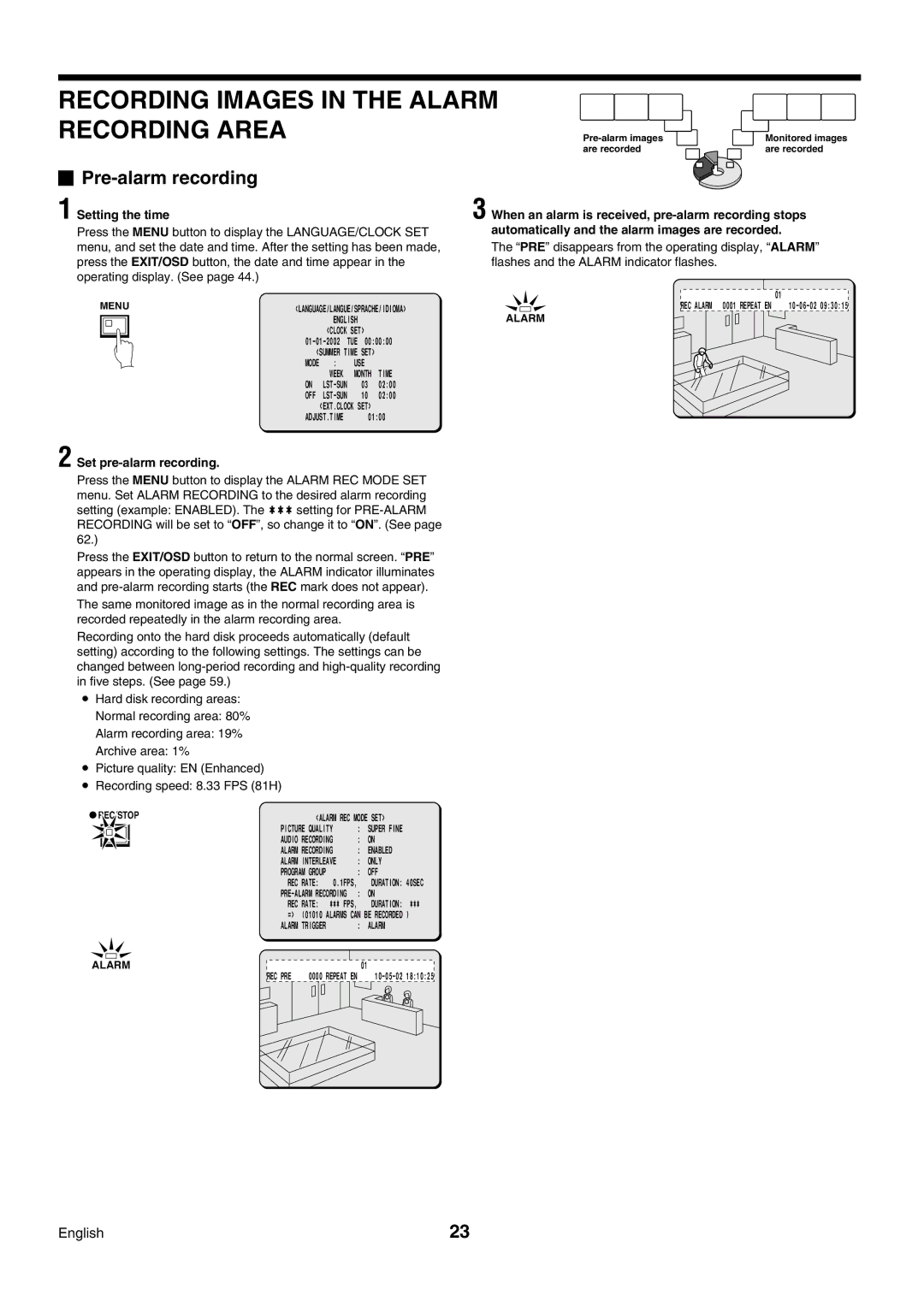 Sanyo DSR-3009P Recording Images in the Alarm Recording Area, Pre-alarm recording, Set pre-alarm recording 