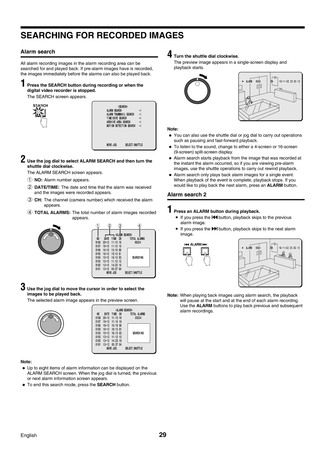 Sanyo DSR-3009P instruction manual Searching for Recorded Images, Alarm search, Turn the shuttle dial clockwise 