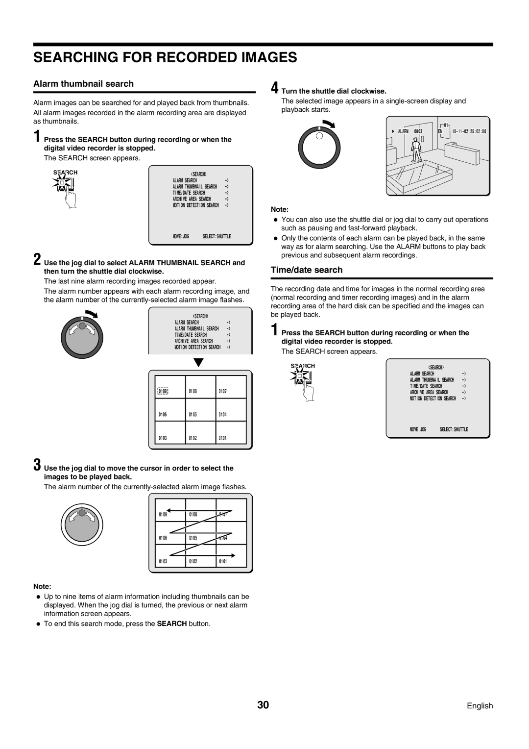 Sanyo DSR-3009P Alarm thumbnail search, Time/date search, Last nine alarm recording images recorded appear 