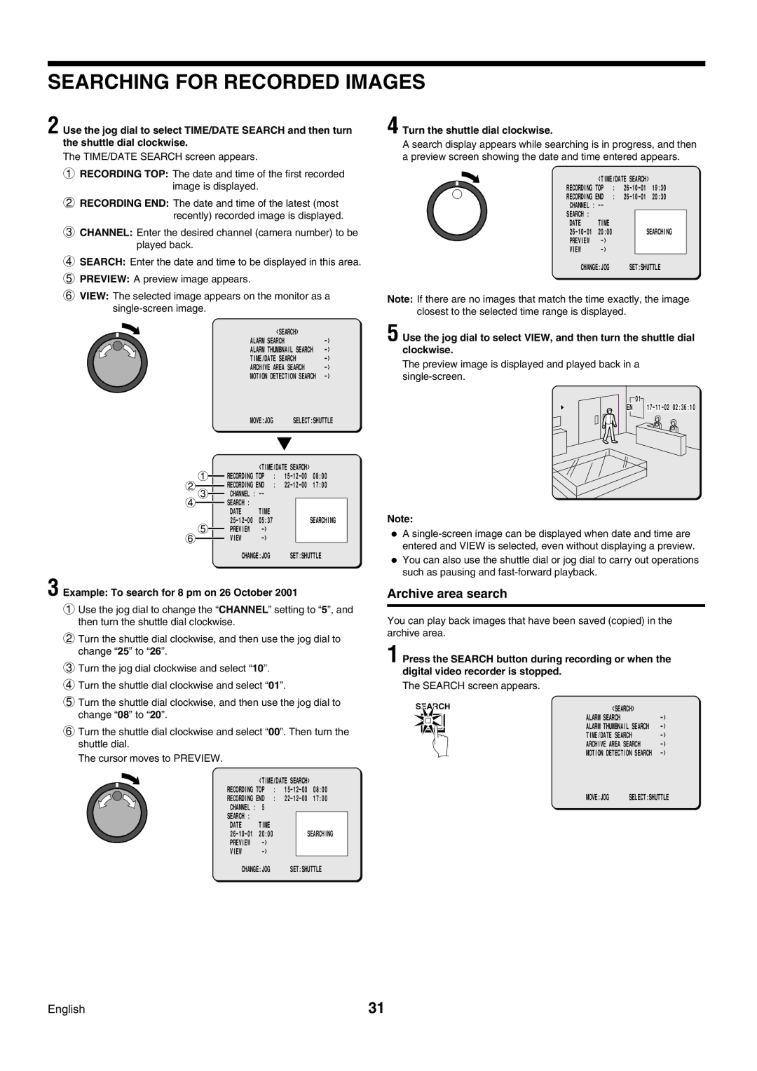 Sanyo DSR-3009P instruction manual Archive area search, Example To search for 8 pm on 26 October 