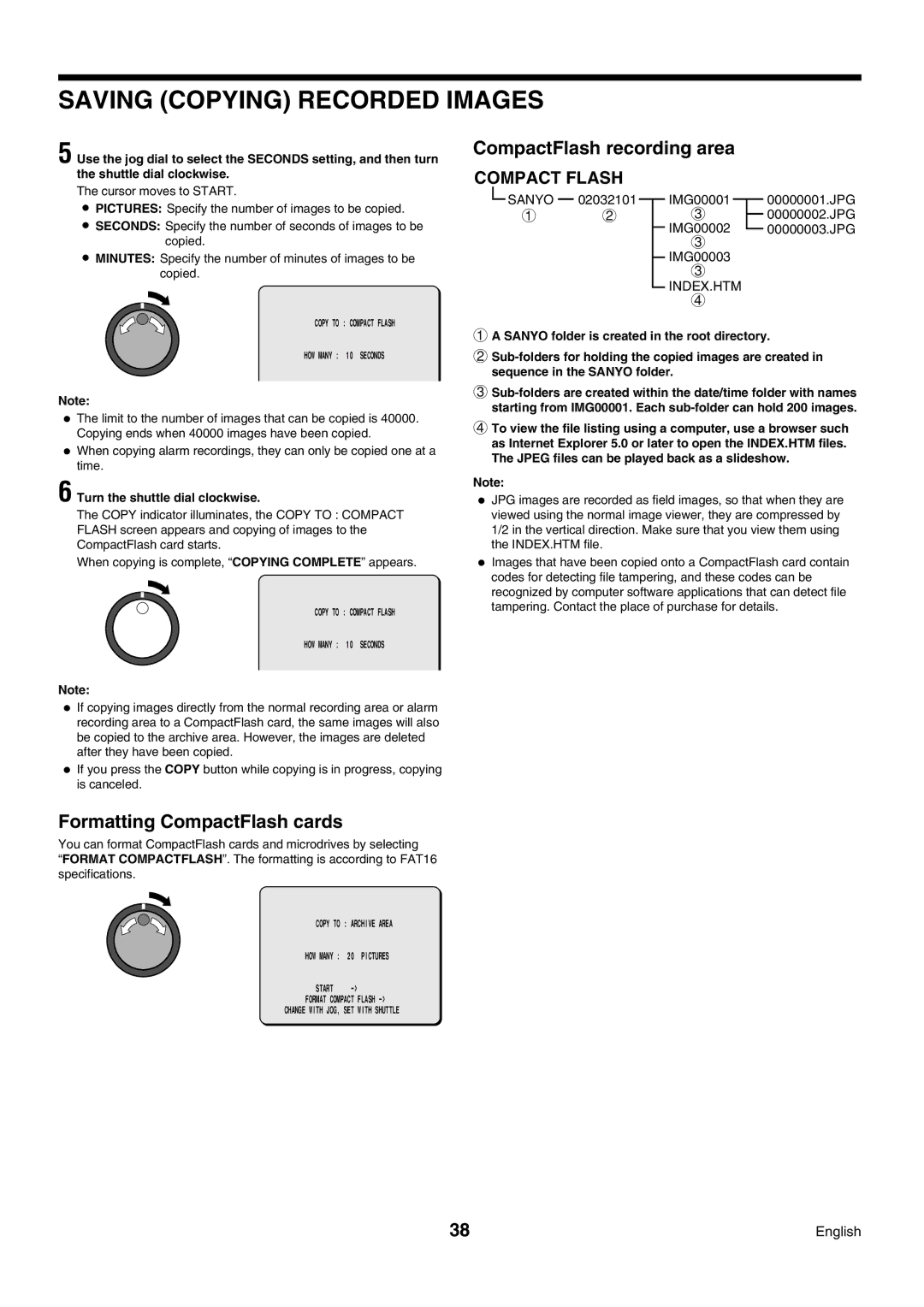 Sanyo DSR-3009P instruction manual CompactFlash recording area, Formatting CompactFlash cards, Shuttle dial clockwise 