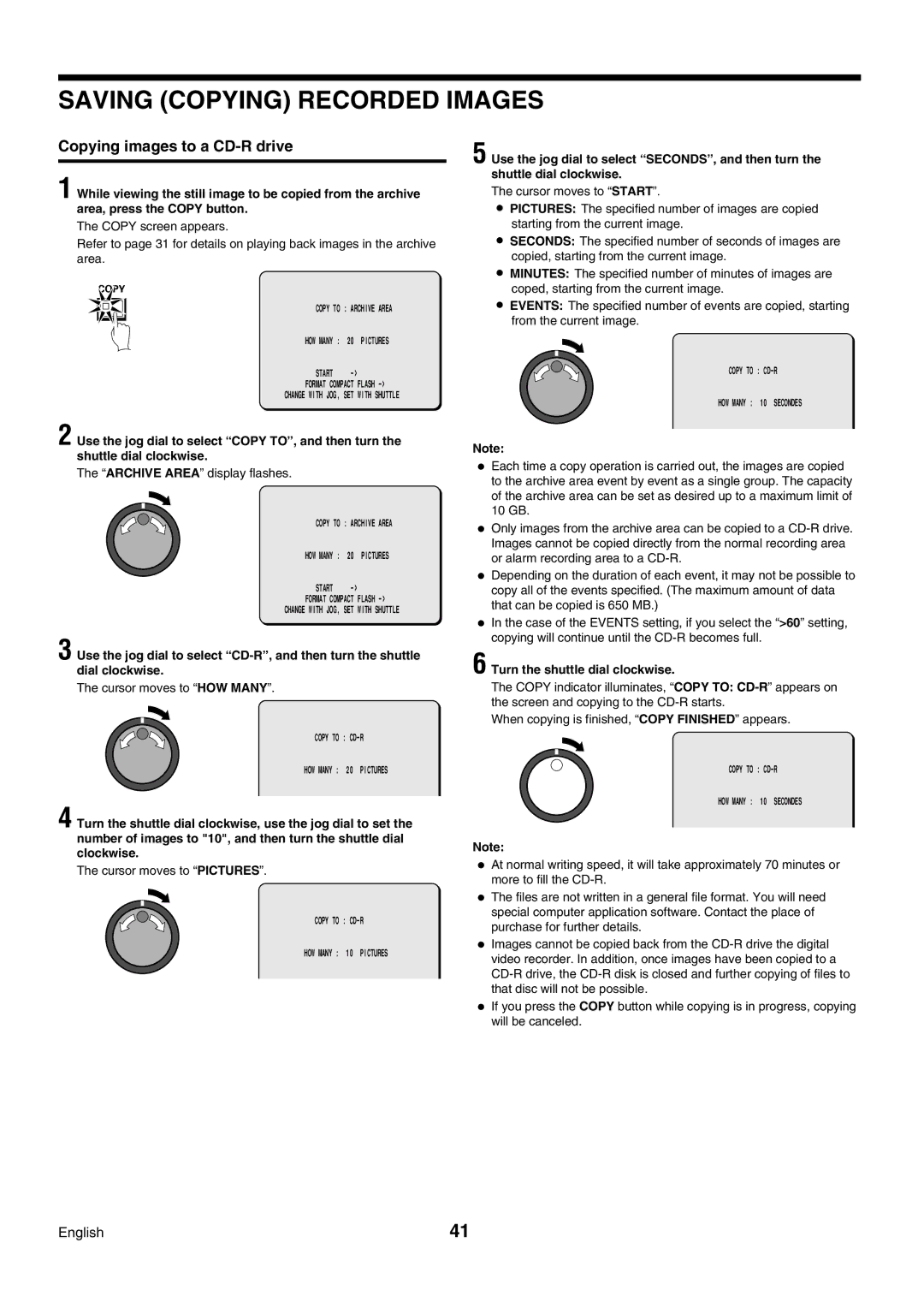 Sanyo DSR-3009P instruction manual Copying images to a CD-R drive, Archive Area display flashes 