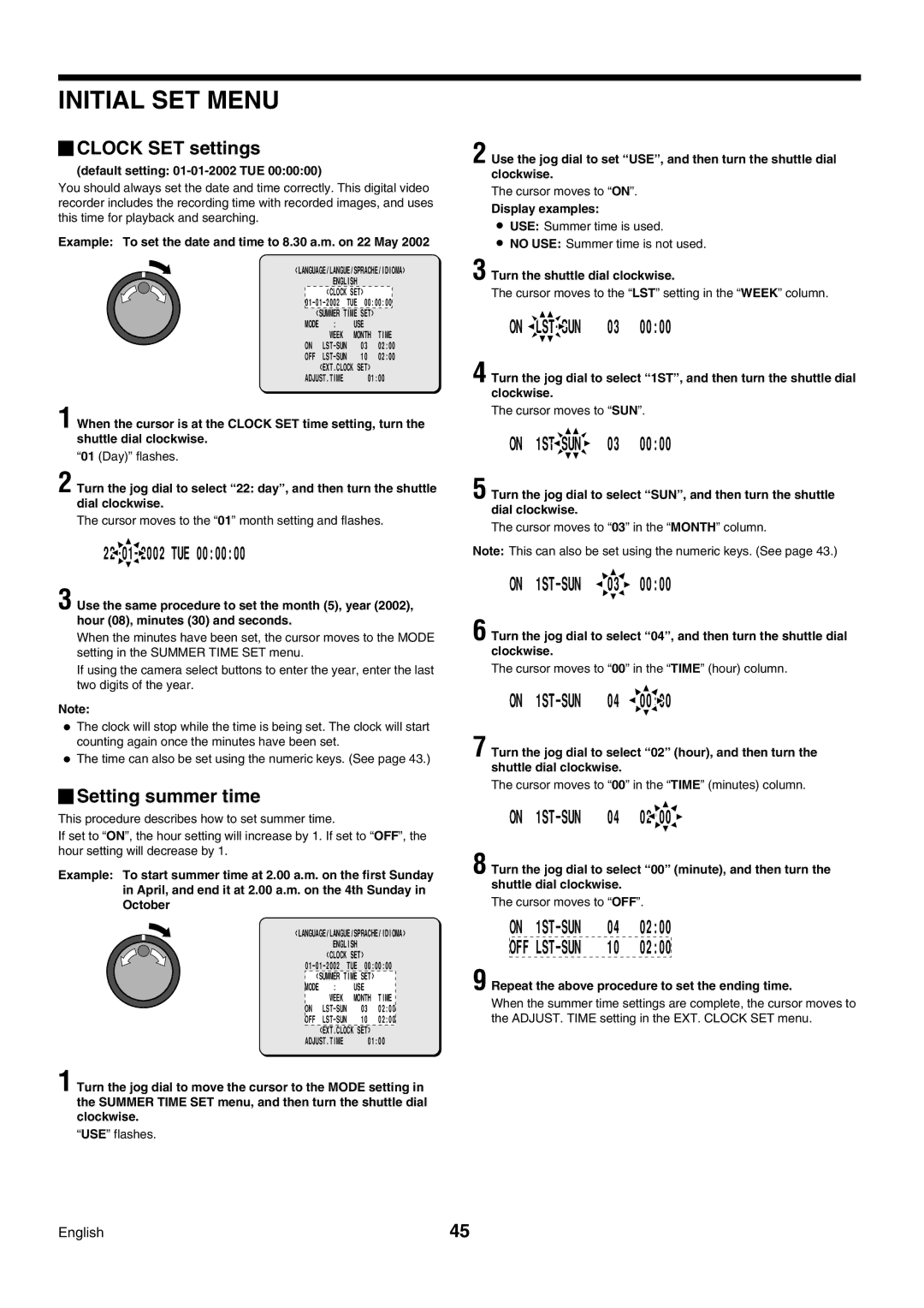 Sanyo DSR-3009P instruction manual Initial SET Menu, Clock SET settings, Setting summer time 