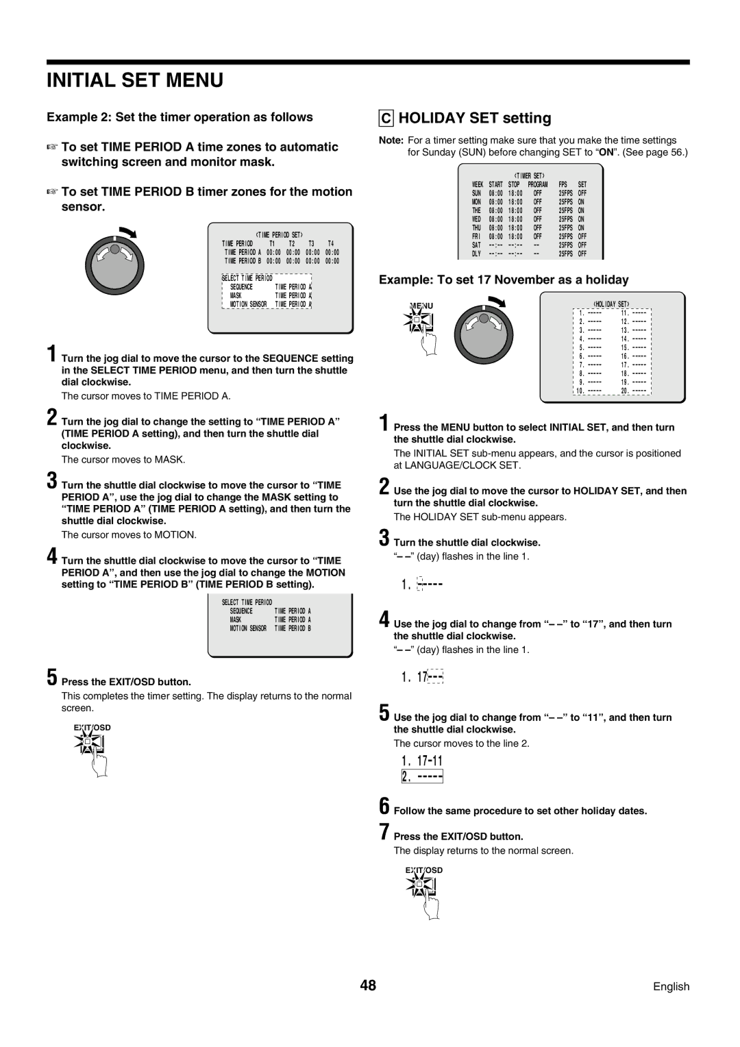 Sanyo DSR-3009P instruction manual Holiday SET setting, Example To set 17 November as a holiday 