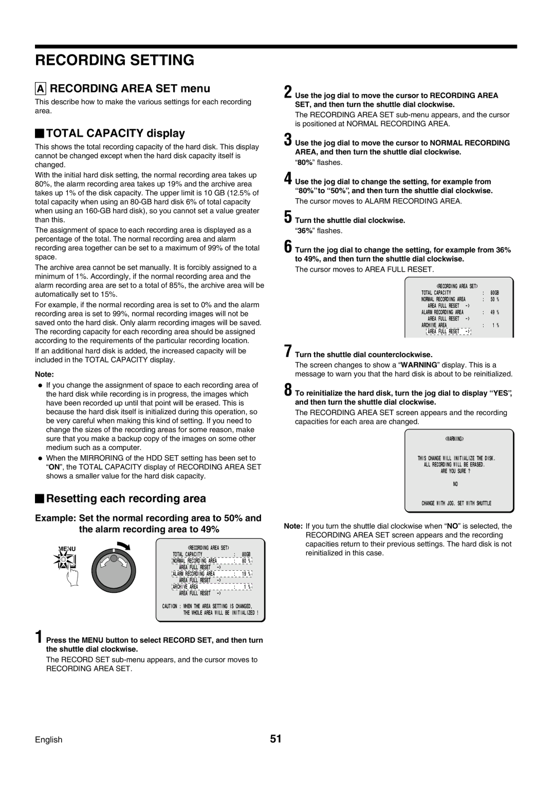 Sanyo DSR-3009P Recording Setting, Recording Area SET menu, Total Capacity display, Resetting each recording area 