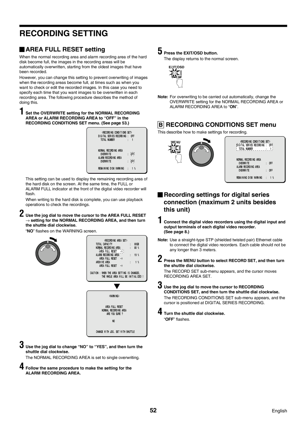 Sanyo DSR-3009P Area Full Reset setting, Recording Conditions SET menu, Follow the same procedure to make the setting for 