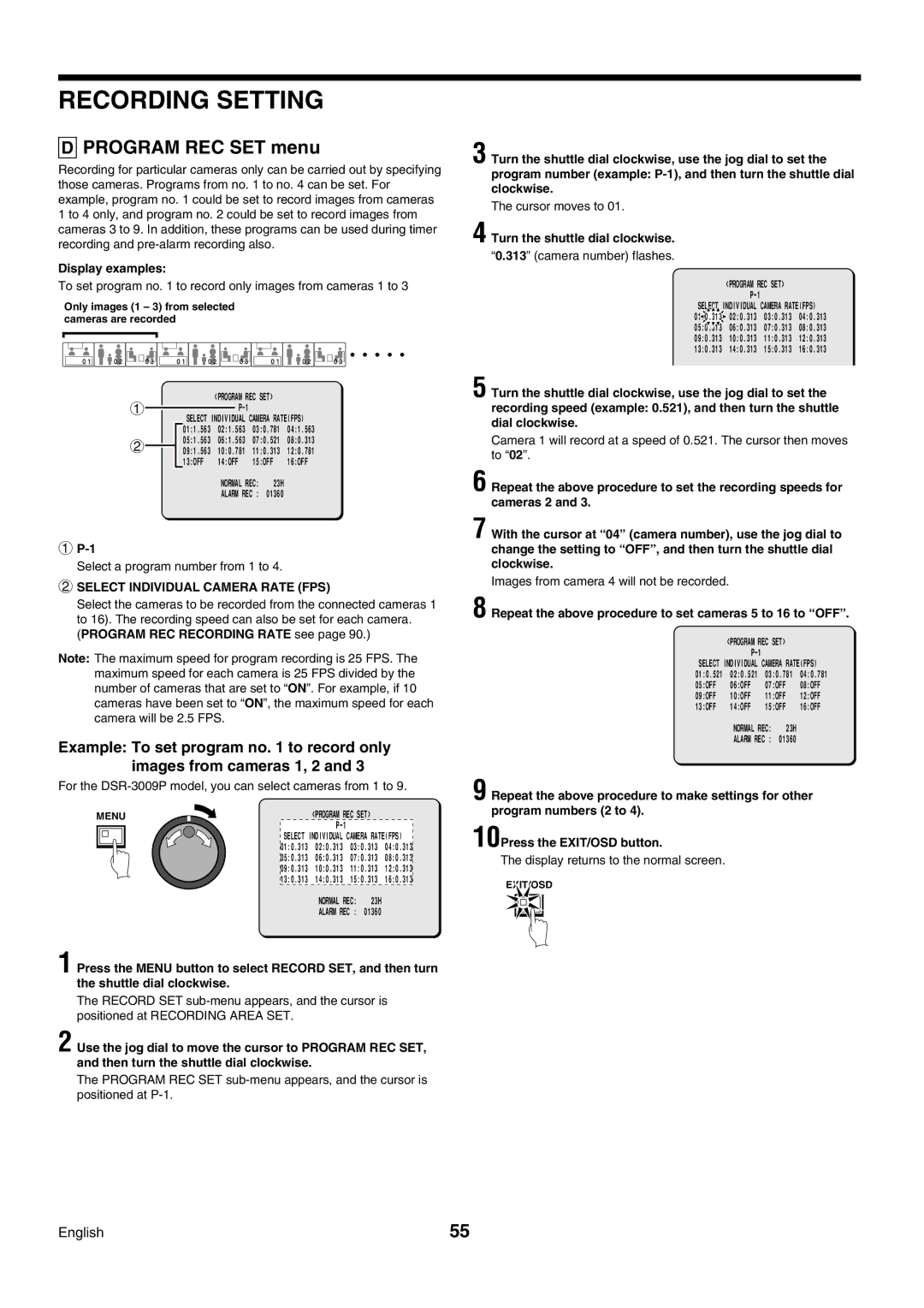 Sanyo DSR-3009P instruction manual Program REC SET menu, 1P-1, Select Individual Camera Rate FPS 