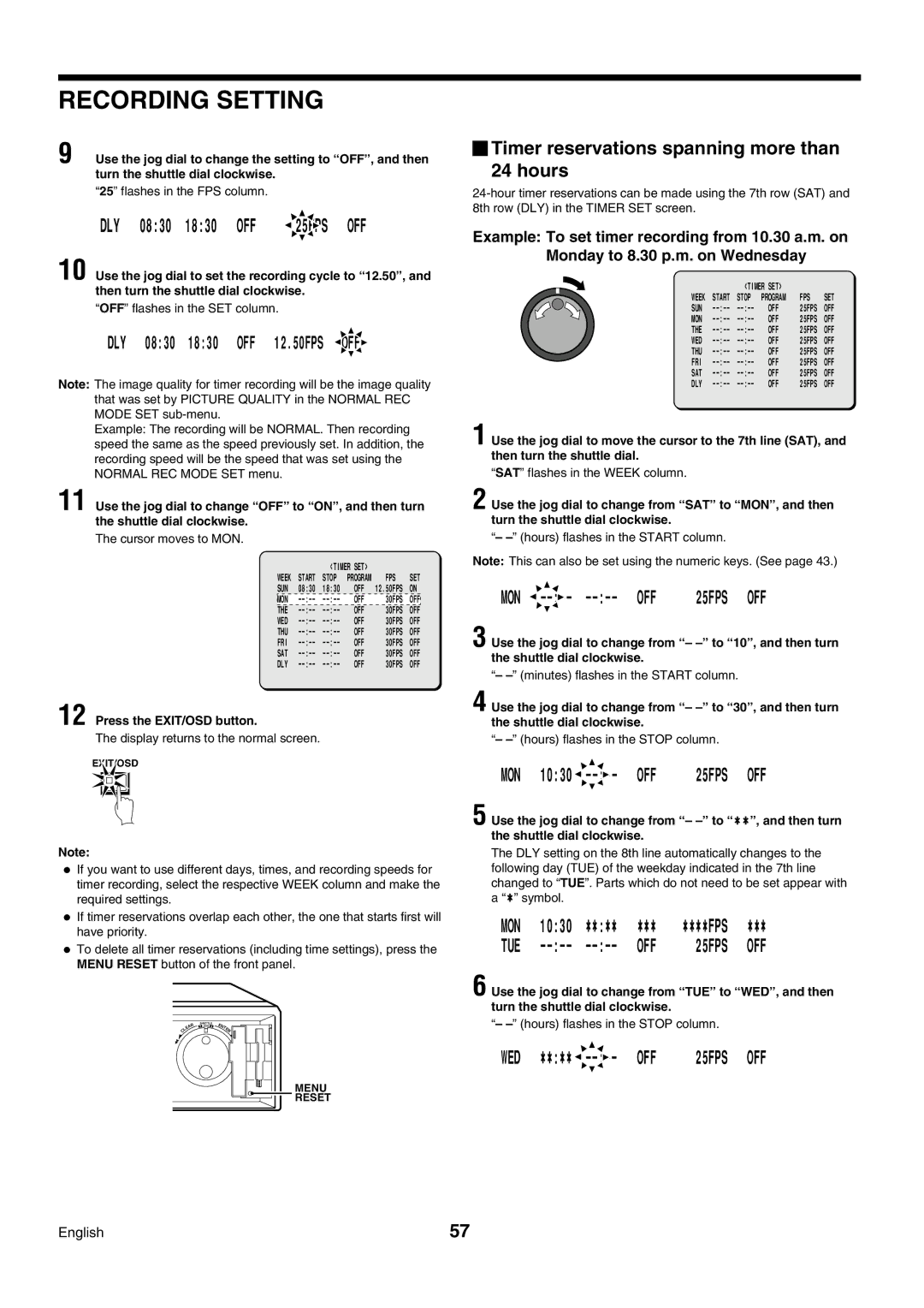 Sanyo DSR-3009P Timer reservations spanning more than 24 hours, Flashes in the FPS column, OFF flashes in the SET column 