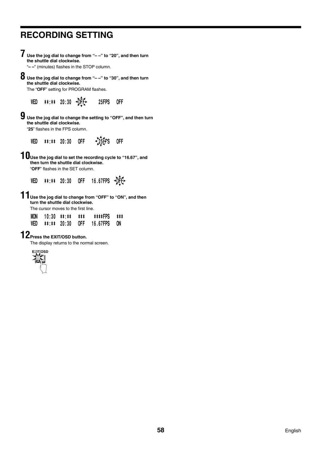 Sanyo DSR-3009P OFF setting for Program flashes, Cursor moves to the first line, 12Press the EXIT/OSD button 