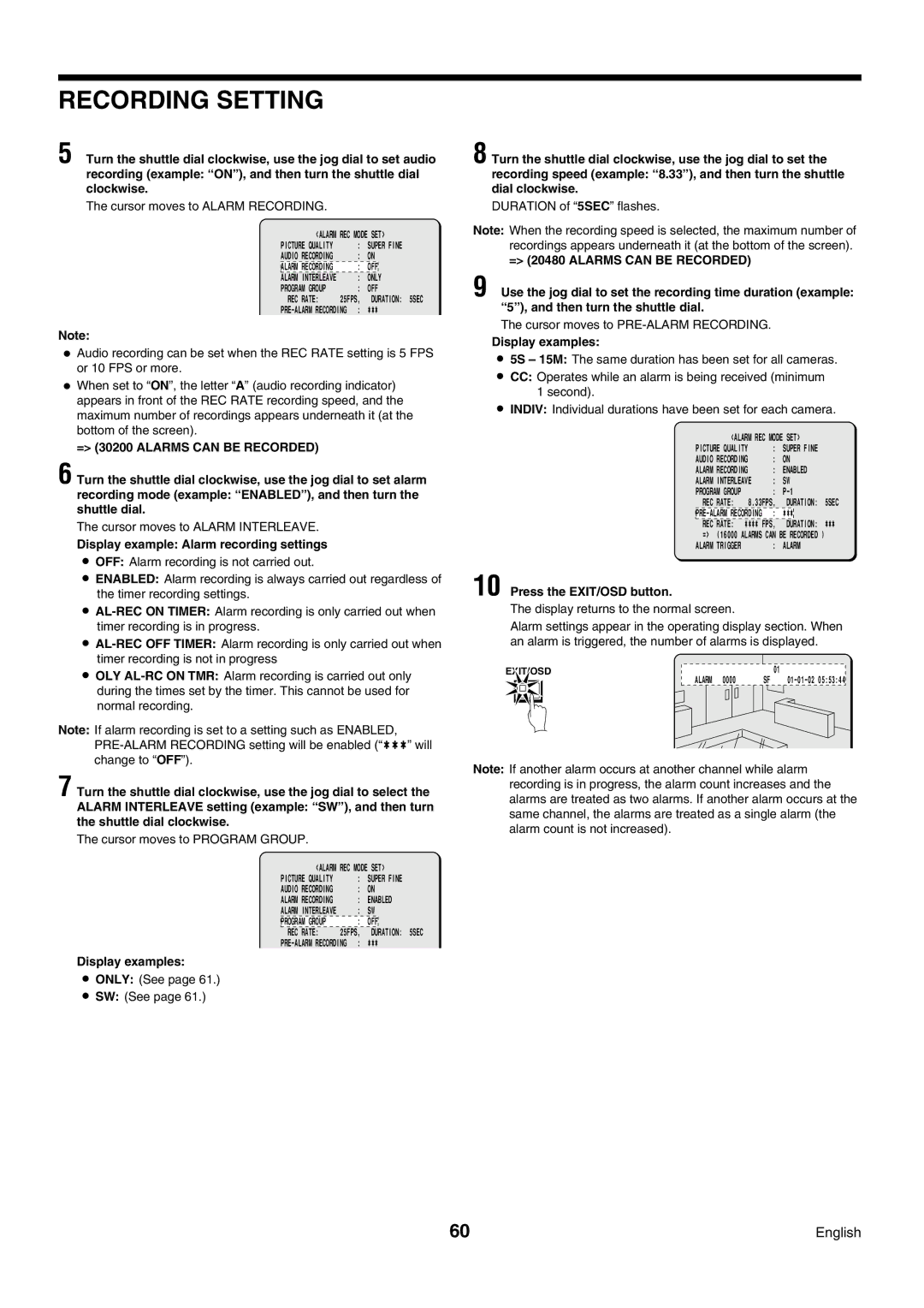 Sanyo DSR-3009P = 30200 Alarms can be Recorded, Display example Alarm recording settings, = 20480 Alarms can be Recorded 