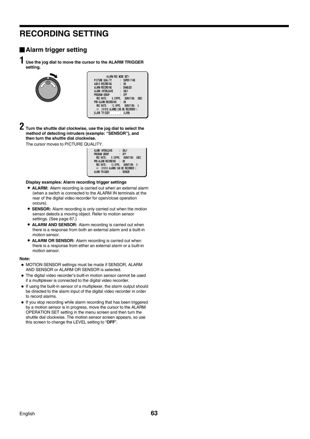 Sanyo DSR-3009P instruction manual Alarm trigger setting, Display examples Alarm recording trigger settings 