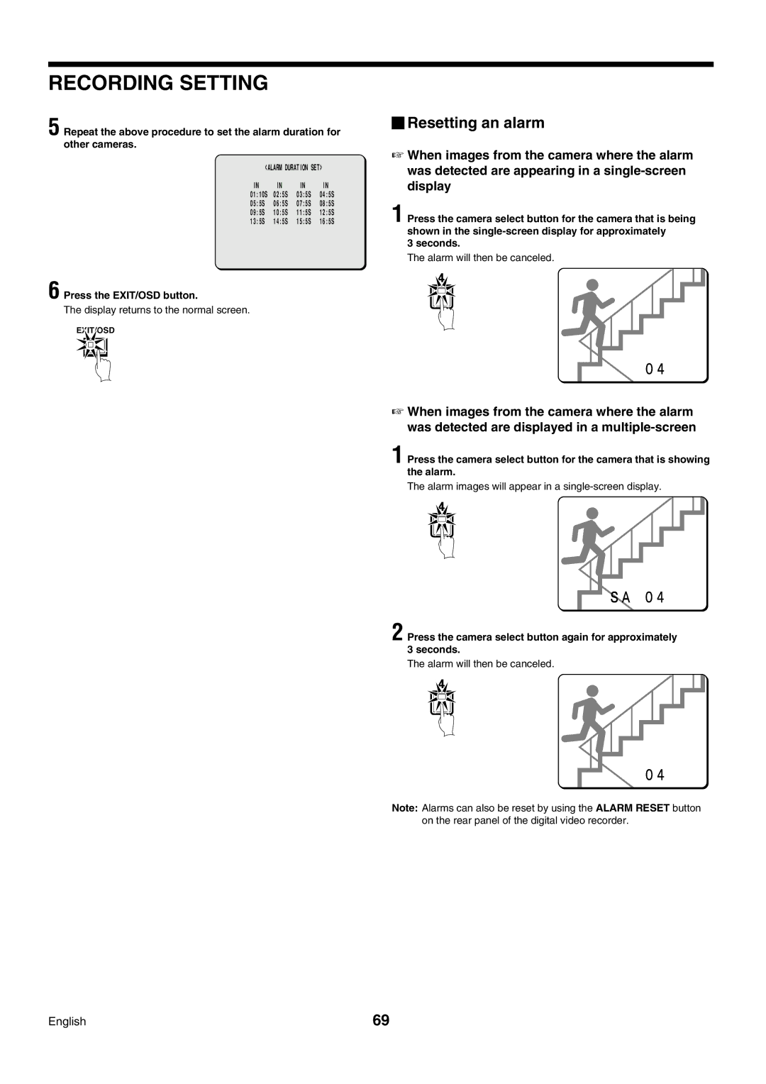 Sanyo DSR-3009P instruction manual Resetting an alarm, Seconds, Alarm will then be canceled 