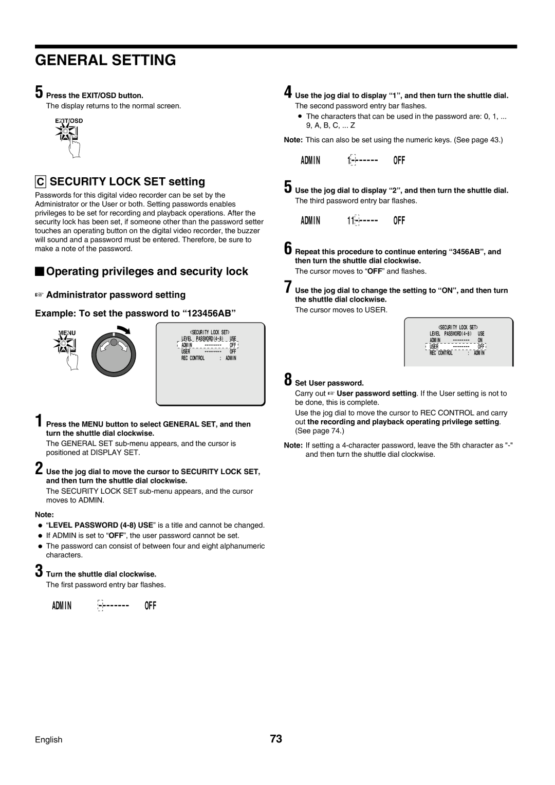 Sanyo DSR-3009P instruction manual Security Lock SET setting, Operating privileges and security lock, Set User password 