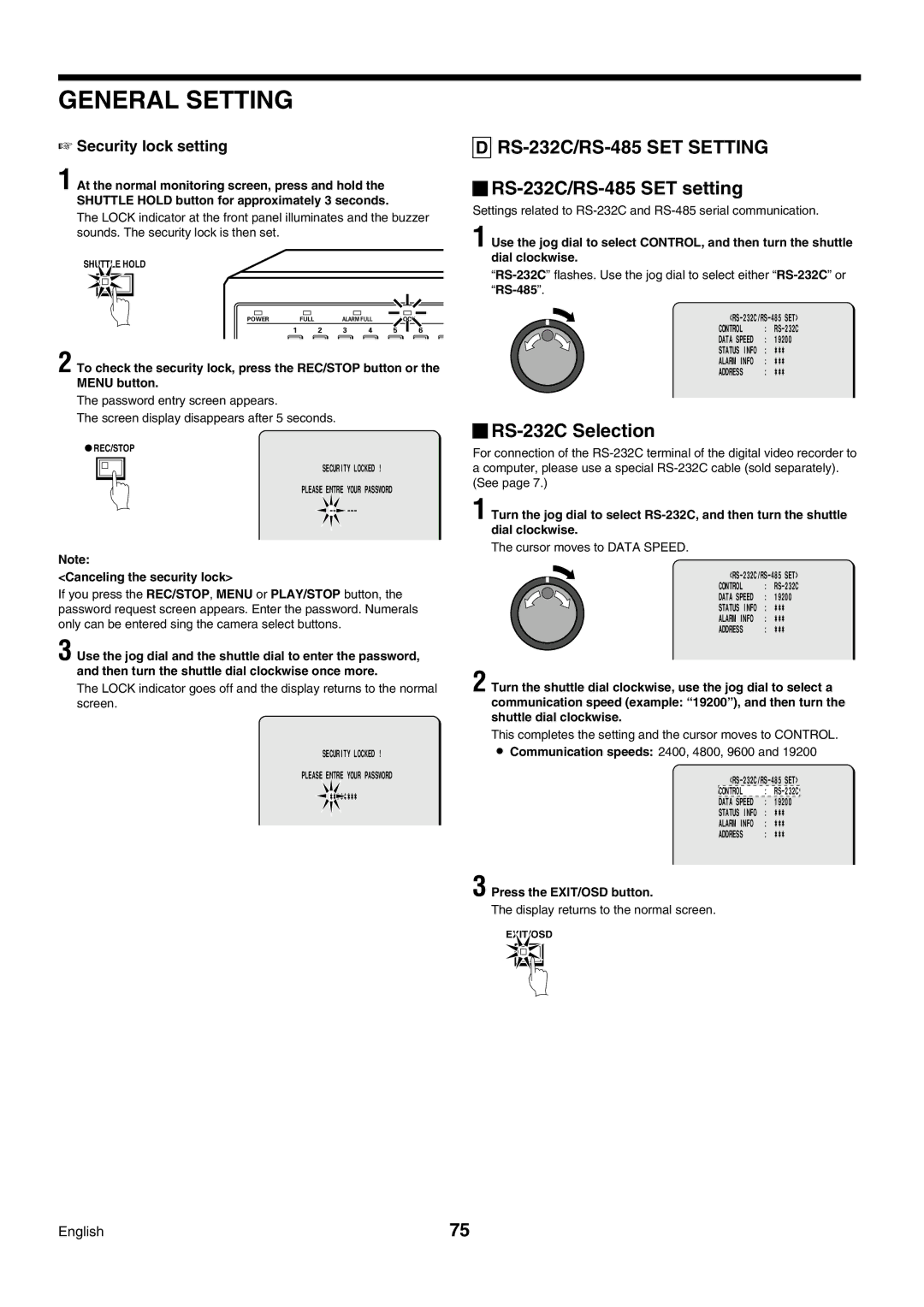 Sanyo DSR-3009P RS-232C/RS-485 SET setting, RS-232C Selection, Security lock setting, Canceling the security lock 