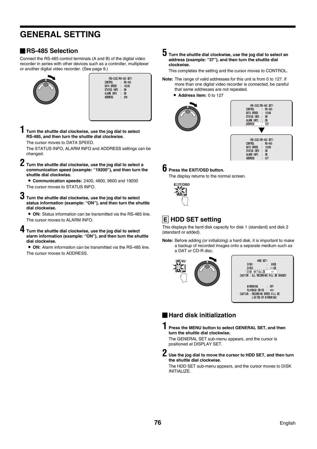 Sanyo DSR-3009P instruction manual RS-485 Selection, HDD SET setting, Hard disk initialization, Address item 0 to 