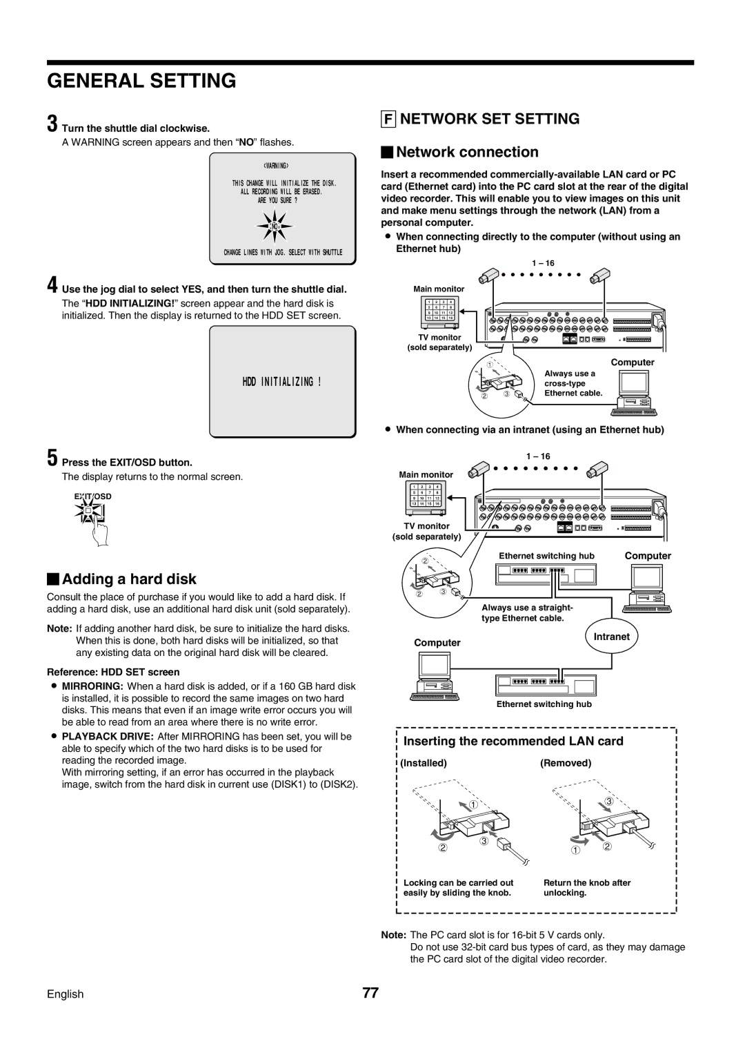 Sanyo DSR-3009P instruction manual Adding a hard disk, Network connection, Inserting the recommended LAN card 