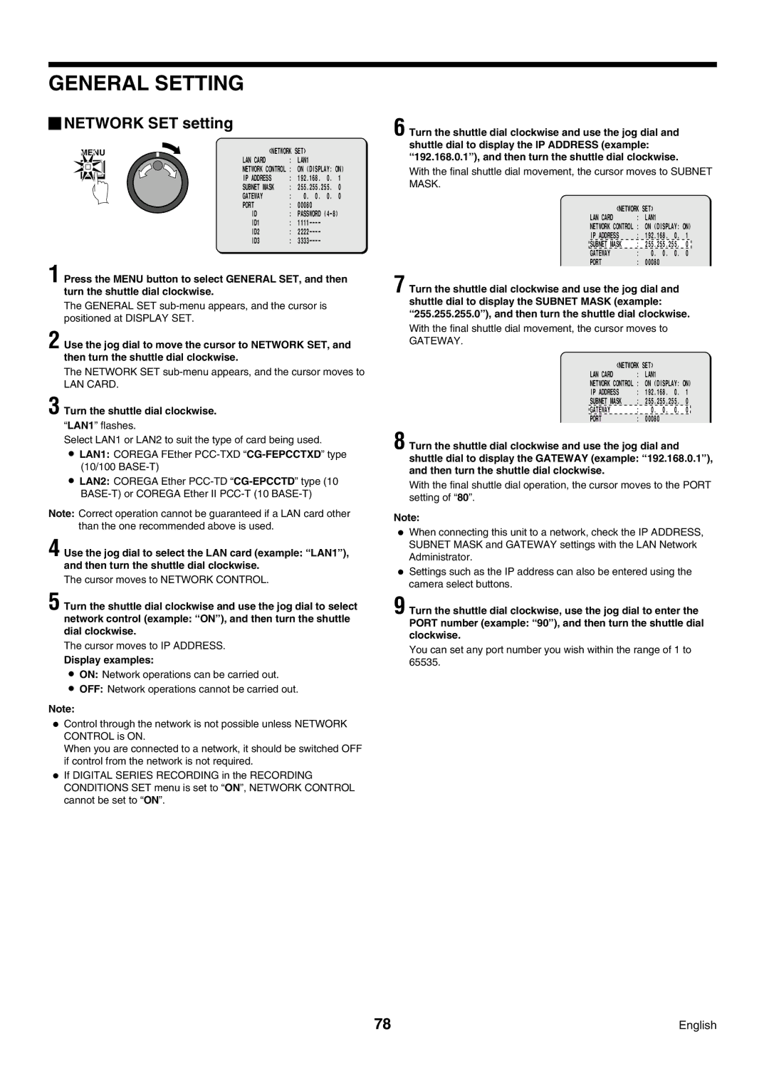 Sanyo DSR-3009P Network SET setting, Network SET sub-menu appears, and the cursor moves to, Cursor moves to IP Address 