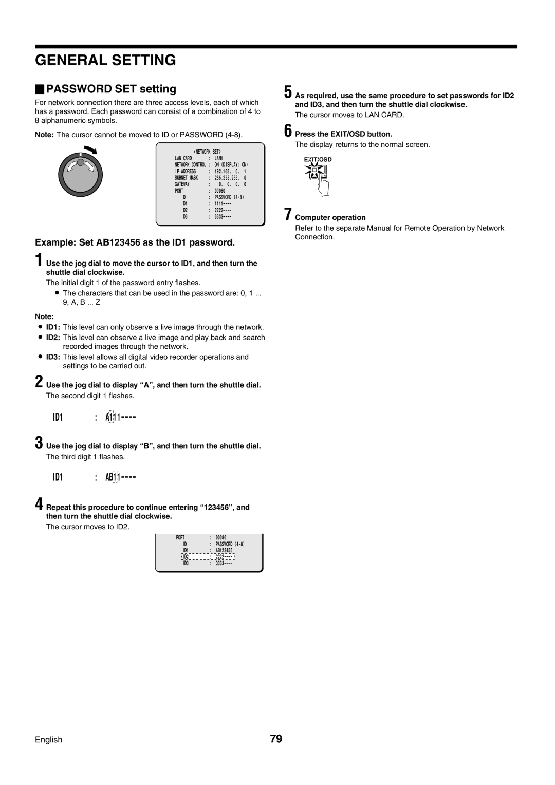 Sanyo DSR-3009P instruction manual Password SET setting, Example Set AB123456 as the ID1 password, Computer operation 