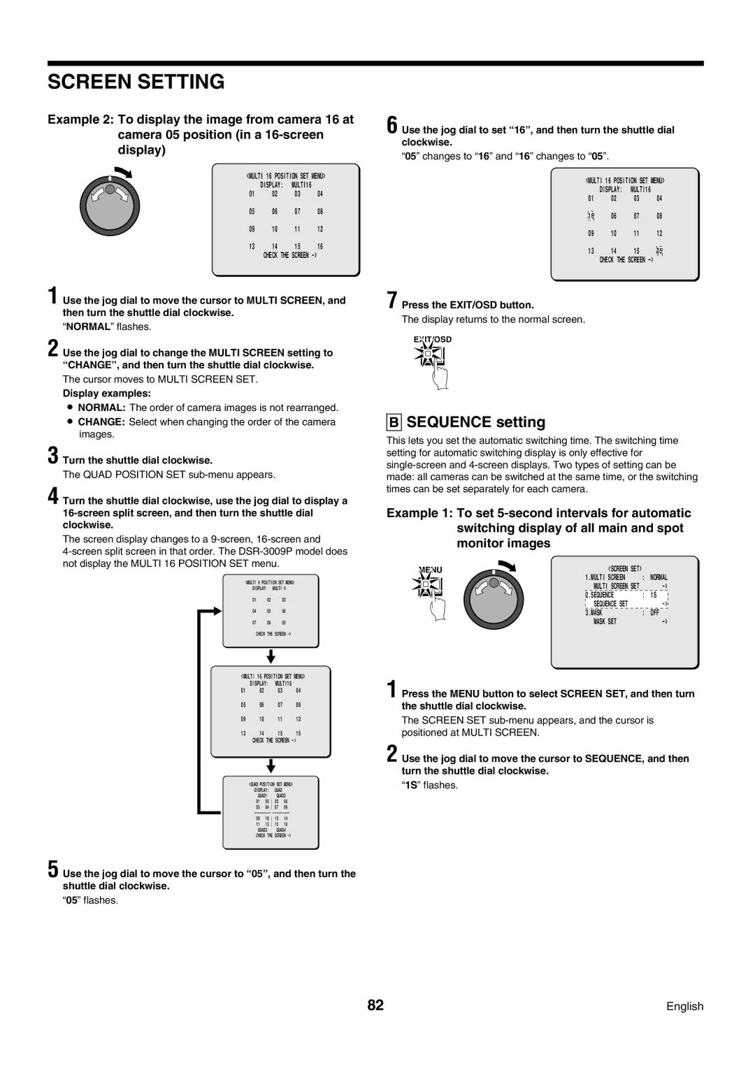 Sanyo DSR-3009P instruction manual Sequence setting, Normal flashes, Changes to 16 and 16 changes to, 1S flashes English 