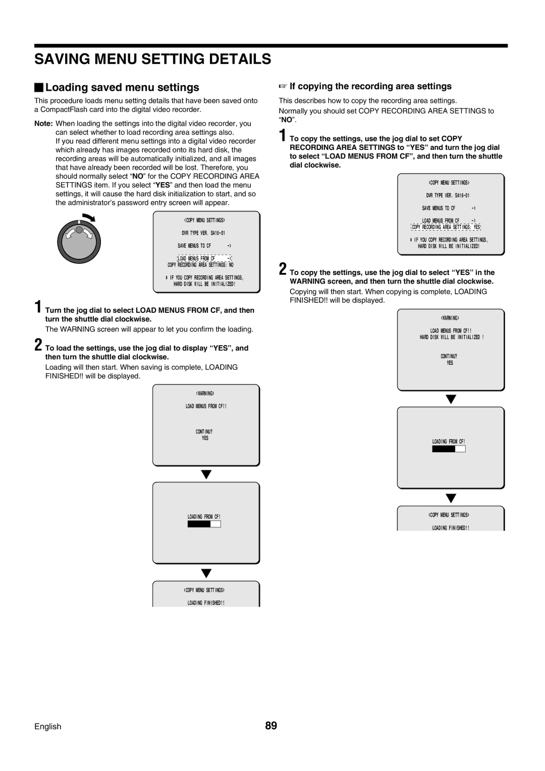 Sanyo DSR-3009P Saving Menu Setting Details, Loading saved menu settings, If copying the recording area settings 