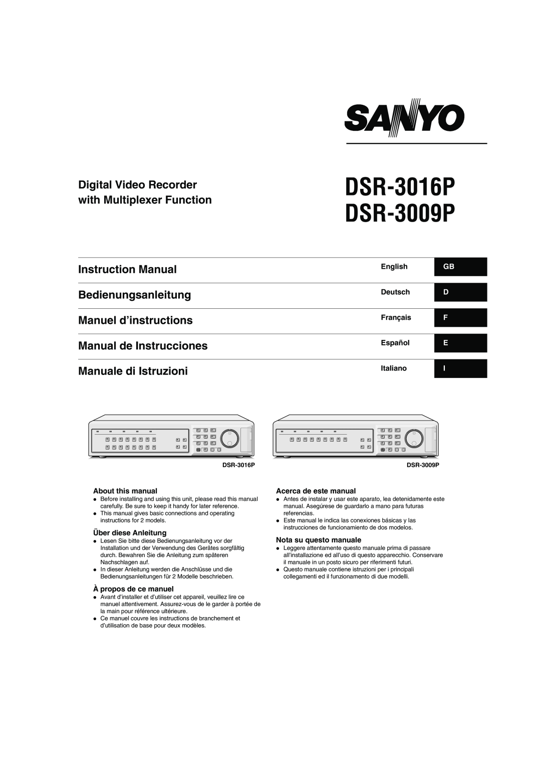 Sanyo instruction manual DSR-3016P DSR-3009P, Digital Video Recorder with Multiplexer Function, Instruction Manual 