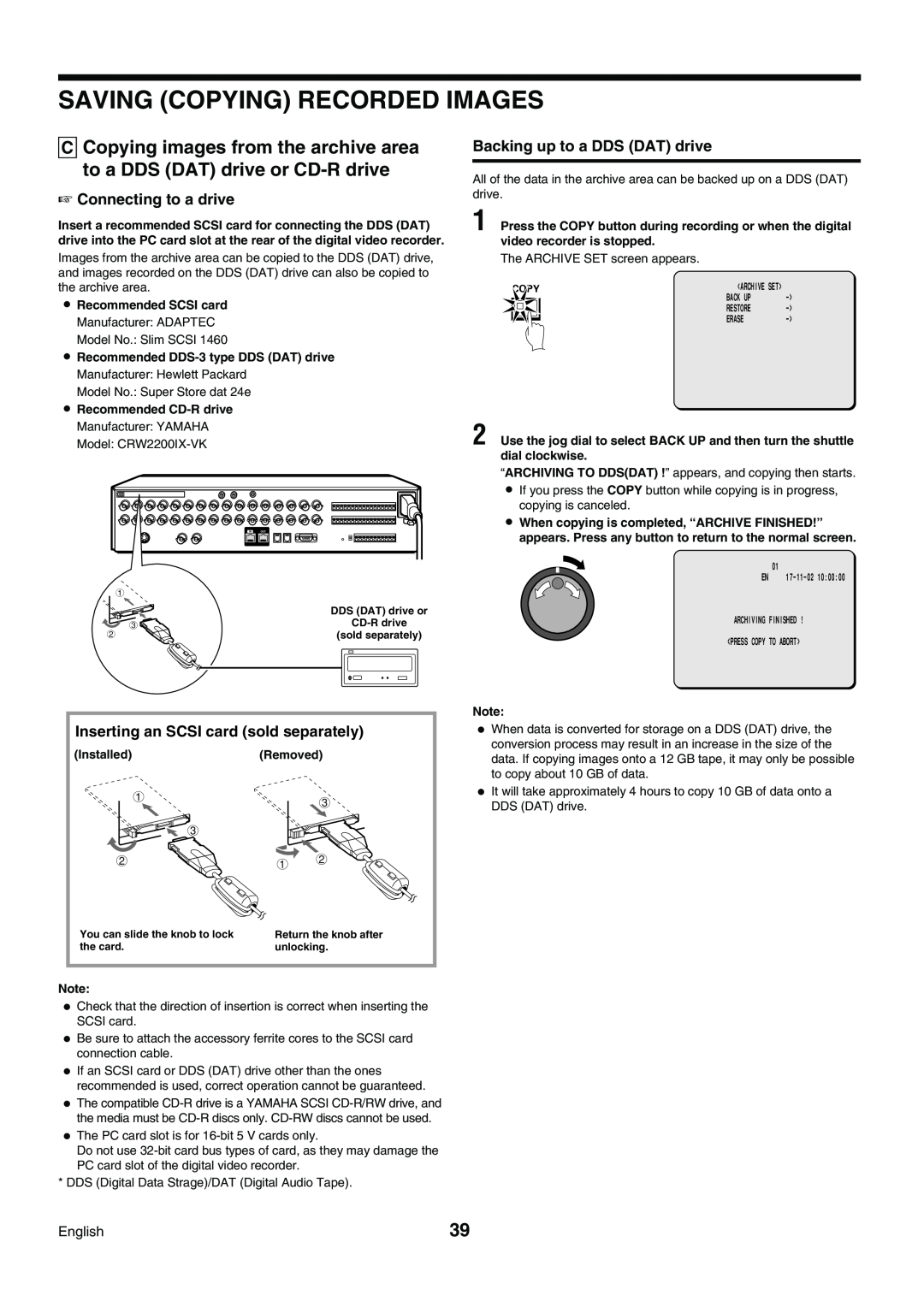 Sanyo DSR-3009P instruction manual Saving Copying Recorded Images, Connecting to a drive, Backing up to a DDS DAT drive 