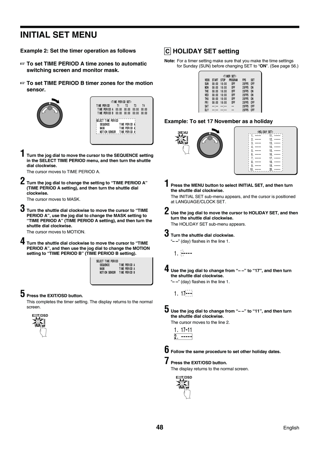 Sanyo DSR-3009P instruction manual C HOLIDAY SET setting, Initial Set Menu, Example 2 Set the timer operation as follows 