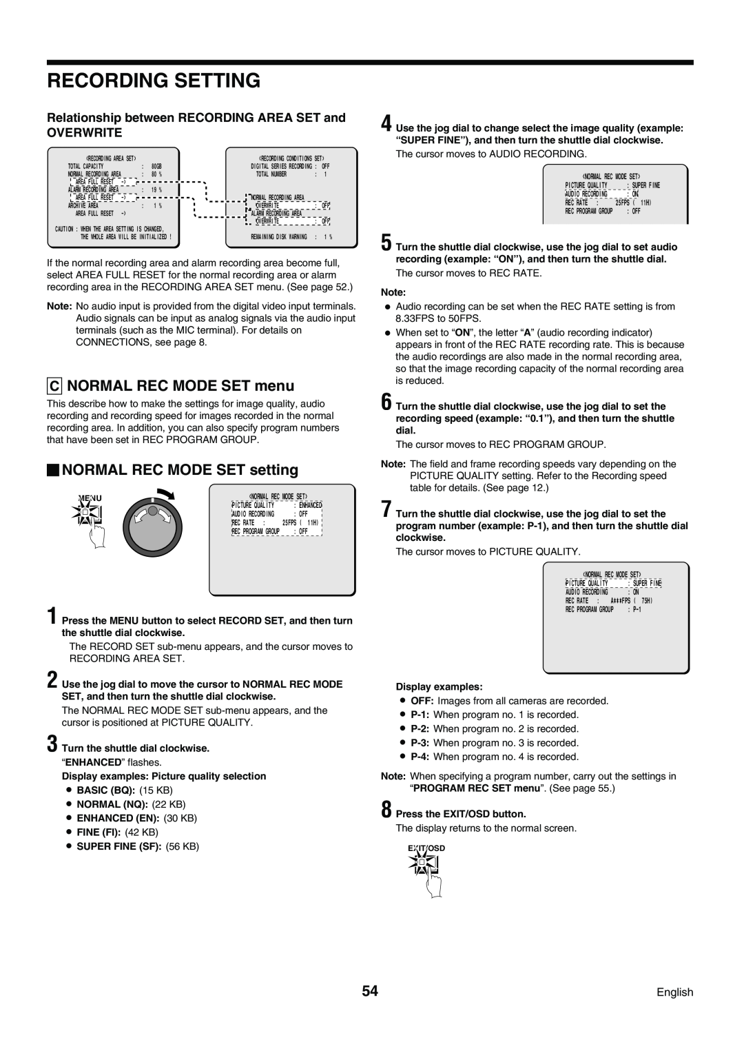 Sanyo DSR-3009P instruction manual C NORMAL REC MODE SET menu, NORMAL REC MODE SET setting, Recording Setting 