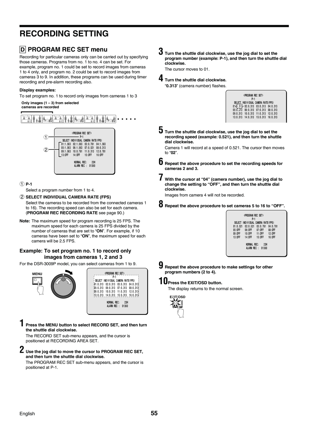 Sanyo DSR-3009P instruction manual D PROGRAM REC SET menu, Recording Setting 