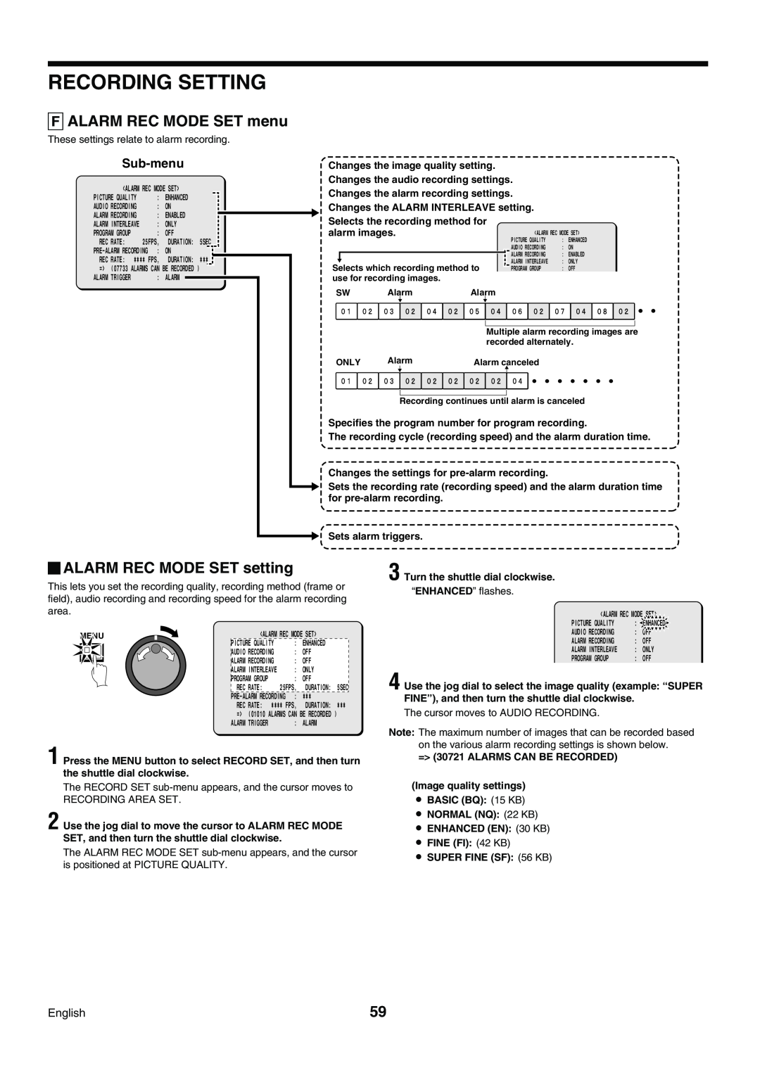 Sanyo DSR-3009P instruction manual ALARM REC MODE SET menu, ALARM REC MODE SET setting, Recording Setting, Sub-menu 