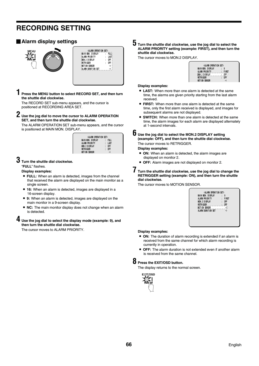 Sanyo DSR-3009P instruction manual Alarm display settings, Recording Setting 