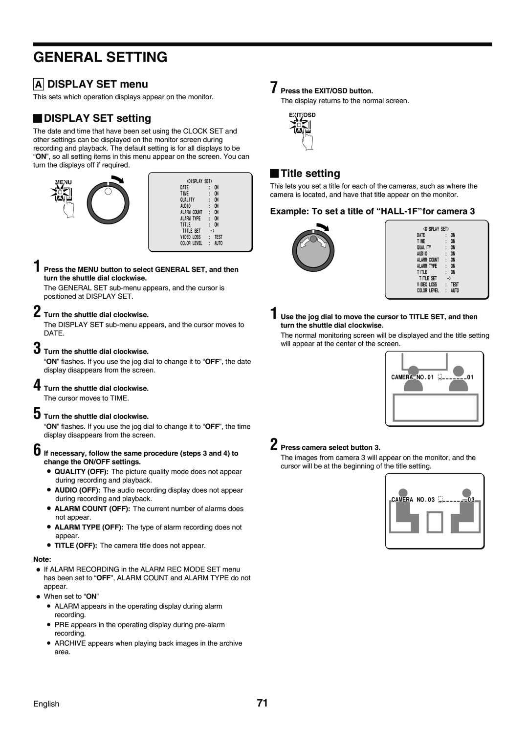 Sanyo DSR-3009P instruction manual General Setting, A DISPLAY SET menu, DISPLAY SET setting, Title setting 