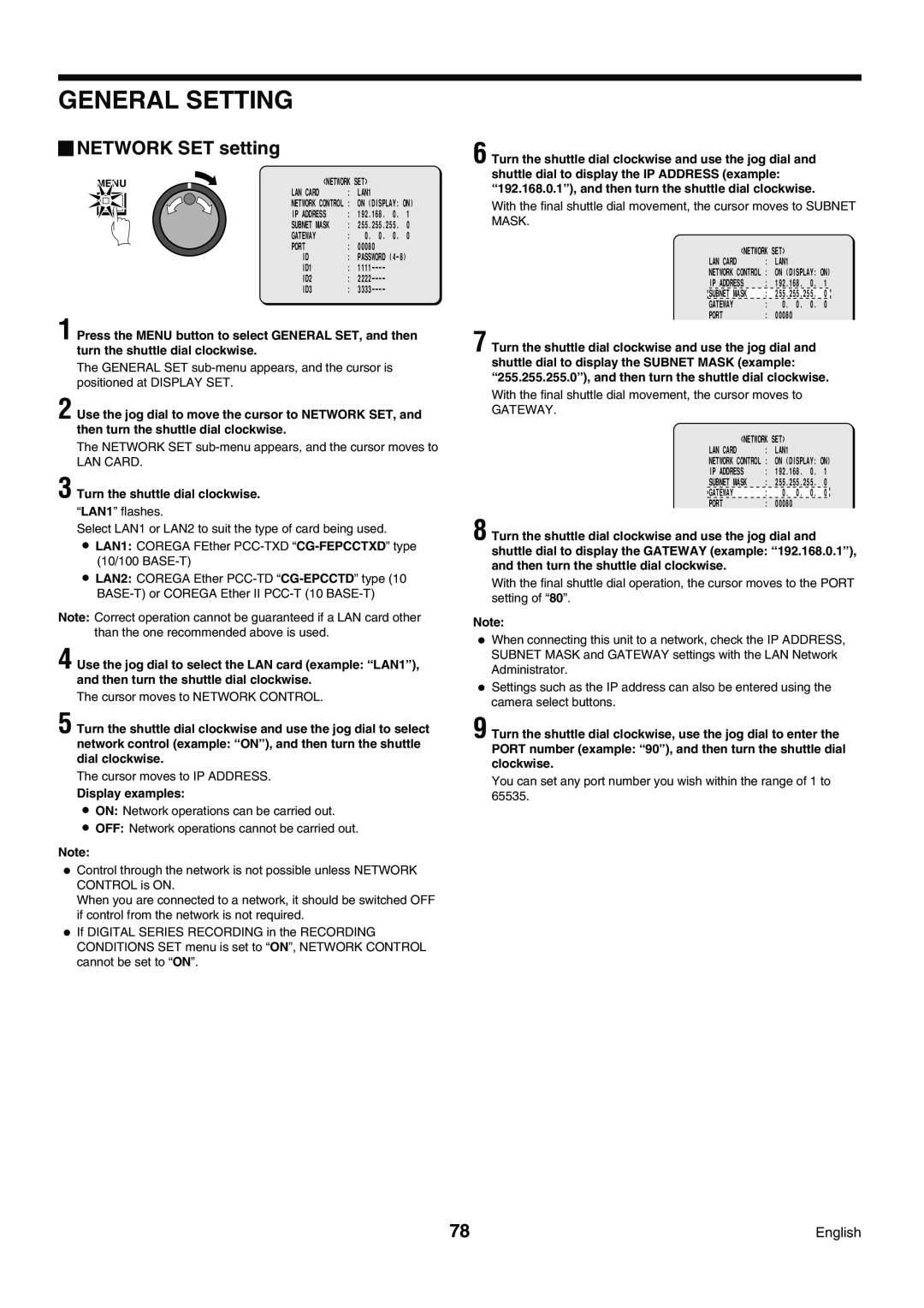 Sanyo DSR-3009P instruction manual NETWORK SET setting, General Setting, Lan Card, LAN1, Gateway, Port 