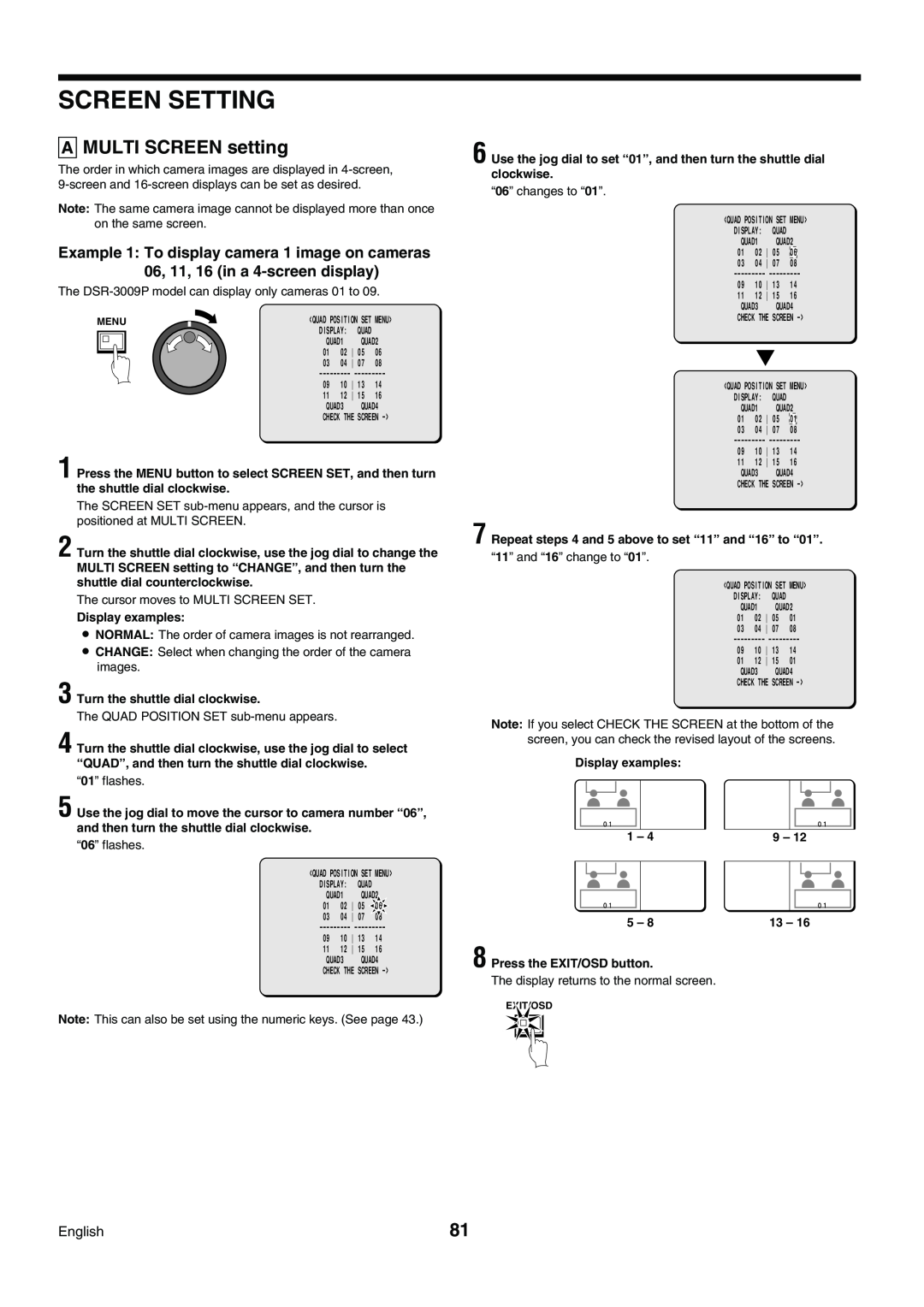 Sanyo DSR-3009P instruction manual Screen Setting, A MULTI SCREEN setting 