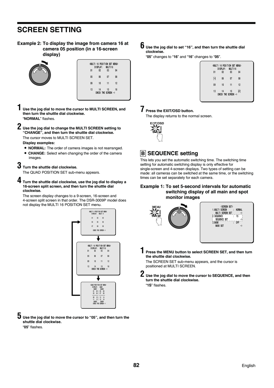 Sanyo DSR-3009P instruction manual B SEQUENCE setting, Screen Setting, MULTI 16 POSITION SET MENU 