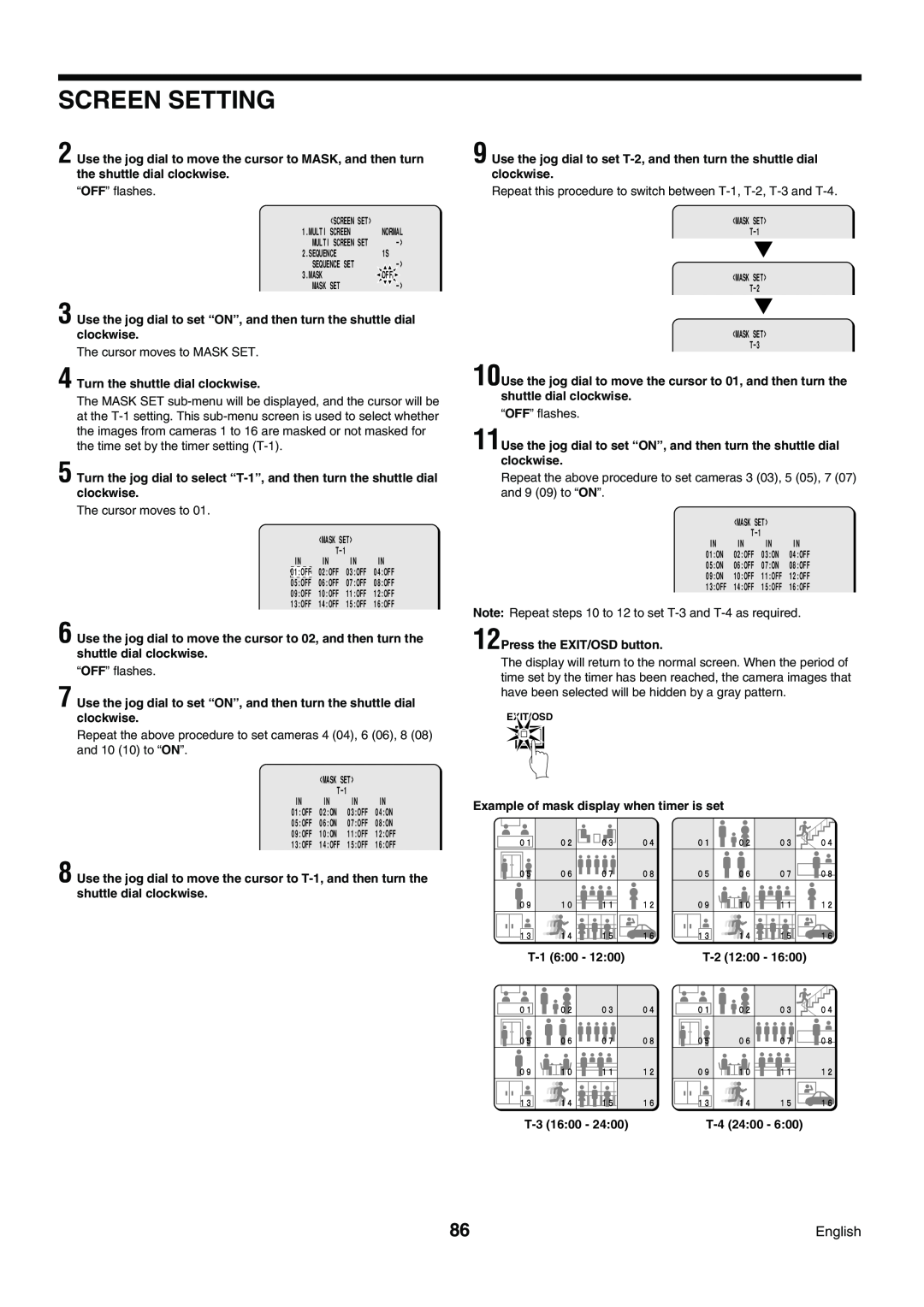Sanyo DSR-3009P instruction manual Screen Setting, T-1, T-3 1600, T-2 1200, T-4 2400 